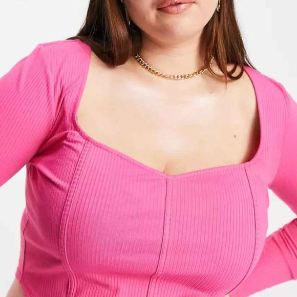 ASOS DESIGN Curve rib fitted corset top with ultra wide neck in bright pink - Picture 3 of 4
